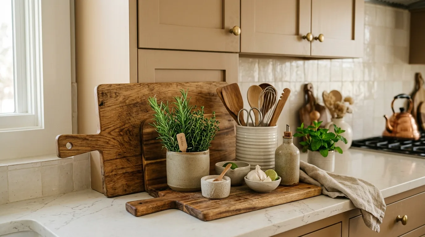 Let black accents define the softer cabinet color inspiration for a beige kitchen.